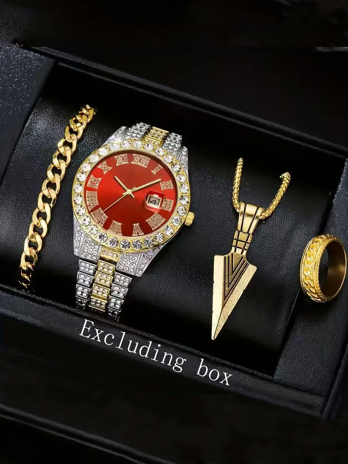 4Pcs Hip Hop Jewelry Watch Set, Two-tone Iced Out Diamond Quartz Wristwatch + Spear Pendant Necklace Bracelet Ring Kit