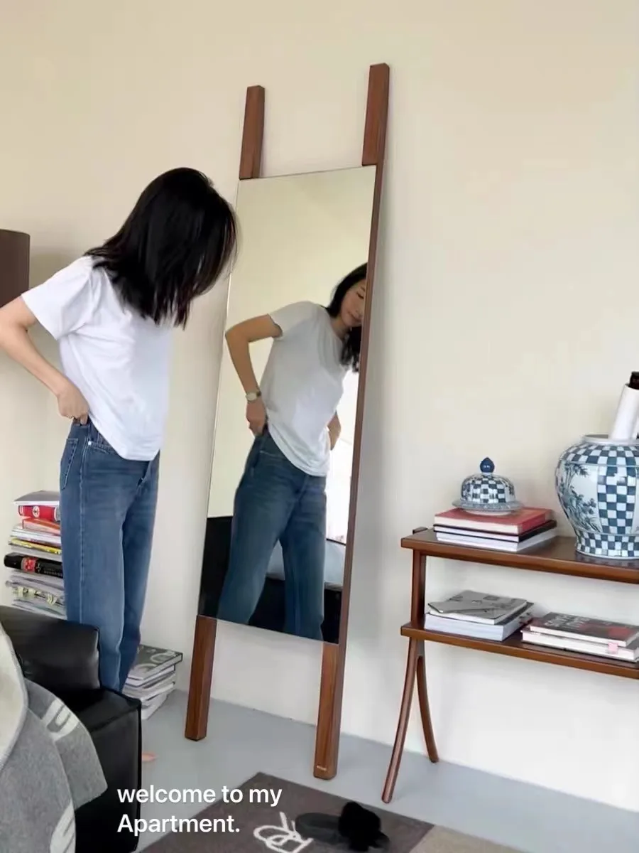 Vertical full-length mirror, ancient white wax H dressing mirror, entrance mirror, large-area floor fitting mirror