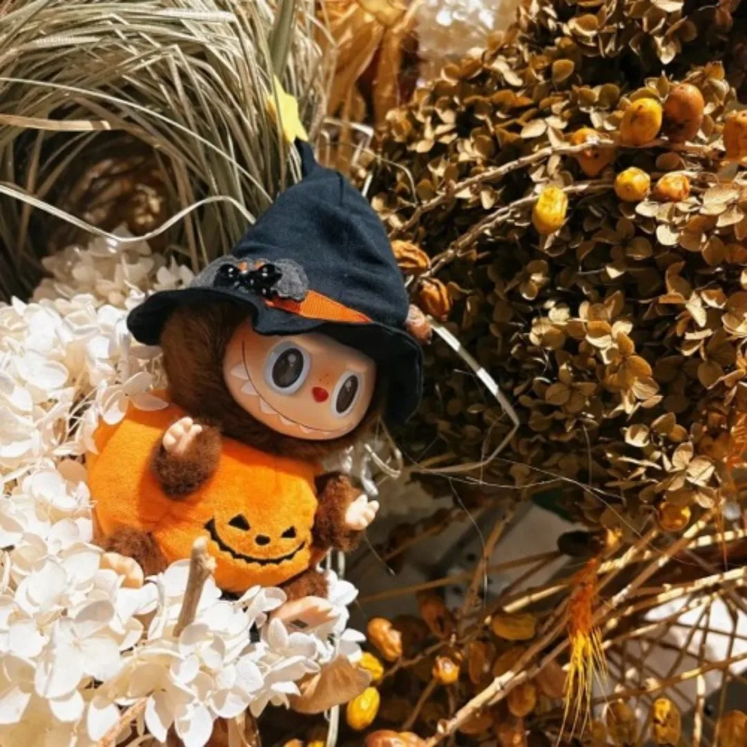 Labubu-caja ciega de ropa de diseñador, muñeco de peluche Universal de 17cm, conjunto de disfraz de calabaza de alta calidad, accesorios