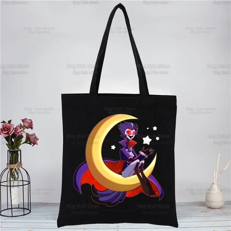 Cartoons Helluva Boss Canvas Tote Bag Mom Reusable Cloth Bag Handbag Shoulder Bags Harajuku Fashion Shopping Black Bags