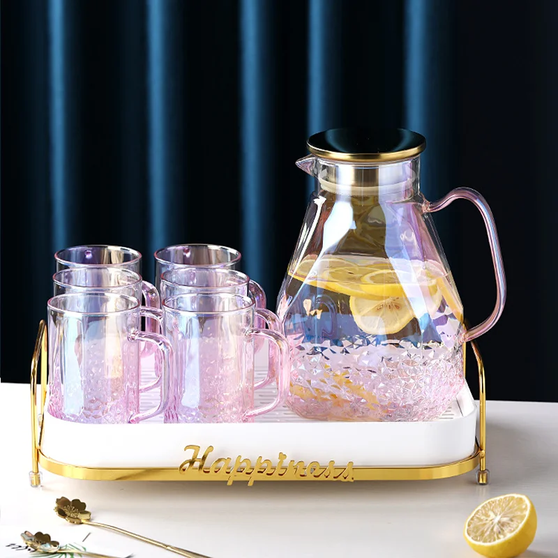 1.6L Transparent Gradient Pink Glass Teapot Set Hot Cold Water Water Jug Coffee Pot Home Water Carafe Heat-resistant Cup Kettle