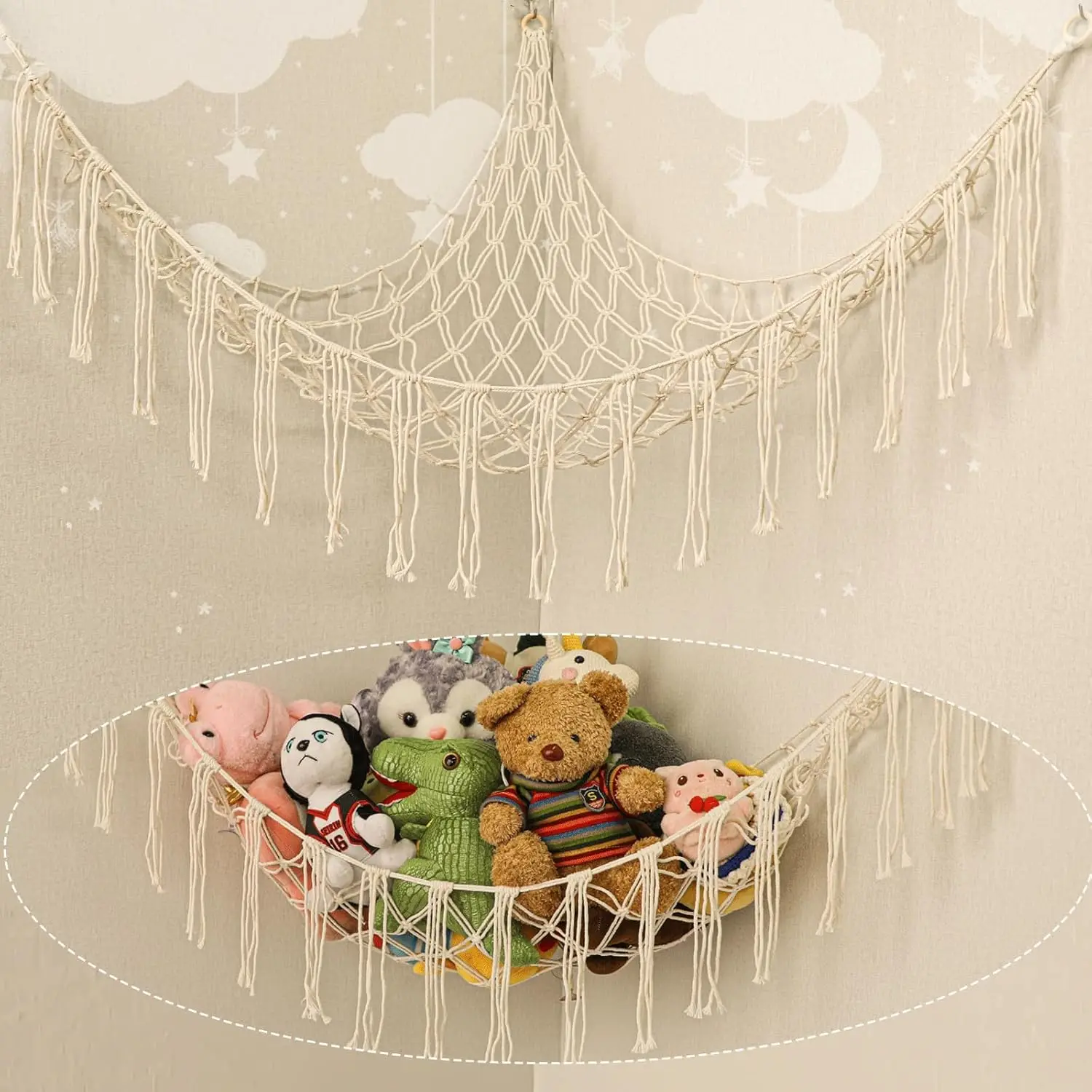 Hand-knitted Stuffed Animal Hammock with Wooden Rings, Large Plushie Net Toy Storage for Kids Room
