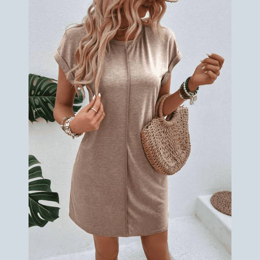 カジュアルなレディース半袖Tシャツドレス、無地デザイン、毎日のレジャーやさまざまな機会に快適なフィット感