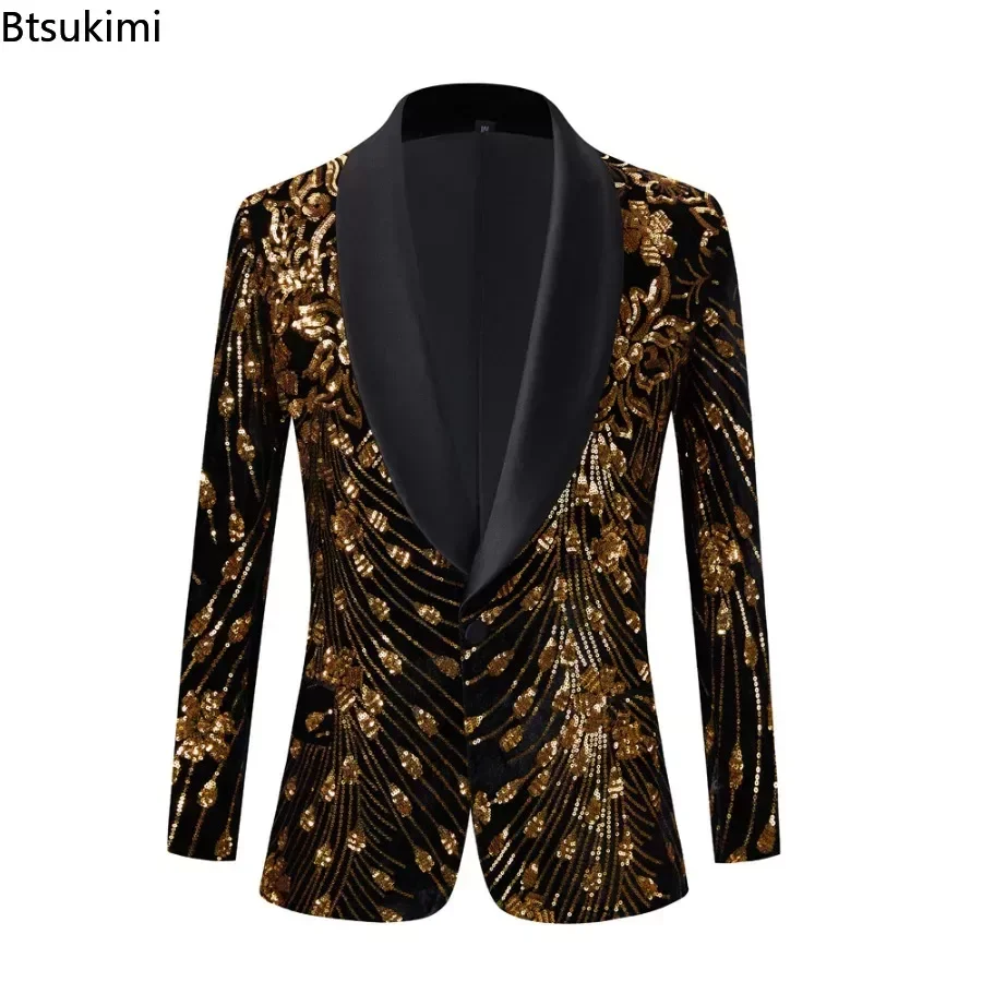 Blazer adornado con purpurina de lentejuelas doradas brillantes negras para hombres, trajes de fiesta de club nocturno, traje de cantante de