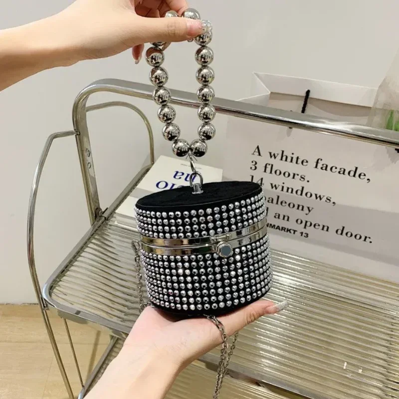 

Round Box Handbags for Women Trend 2025 Luxury Diamonds Evening Bag Fashion Pearl Ins Party Bucket Crossbody Shoulder Bag Ladies