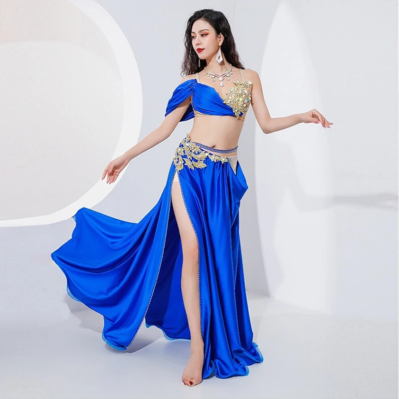 Belly Dance ชุดเพชร-Studded Sling Bra แยกกระโปรงบานใหญ่ประสิทธิภาพชุด Oriental การแข่งขันเต้นรำเสื้อผ้า