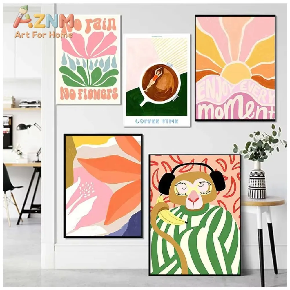 

1 шт. Абстрактные красочные постеры: Обезьяна, цветочная ваза, девушка с кофе. Настенная живопись на холсте. Современные принты и картины для домашнего декора.