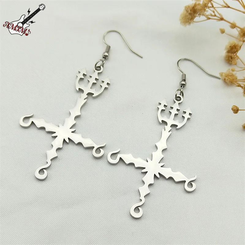 Heavy Metal 666 Music Band Drop Earrings Stainless Steel Black Color Sigil Church of Satan Fork Cross Dangle Earring Biżuteria