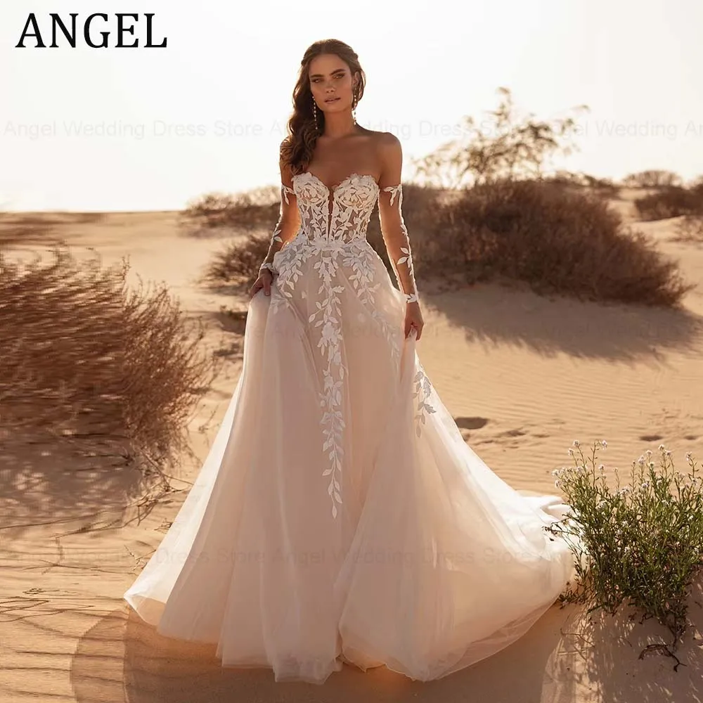 

Свадебное платье ANGEL 2026: Изящное, с кружевными аппликациями, длинное, А-силуэт, с разрезом, тюль, модель Vestido de Novia