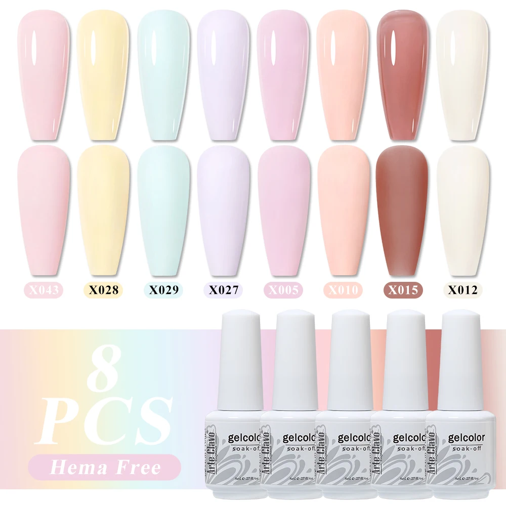 Arte Clavo 8Pcs/Set HEMA FREE Gel Nail Polish Set 60 Colors Semi Permanent Varnish Base Top Coat Soak Off UV LED Nail Art Kits