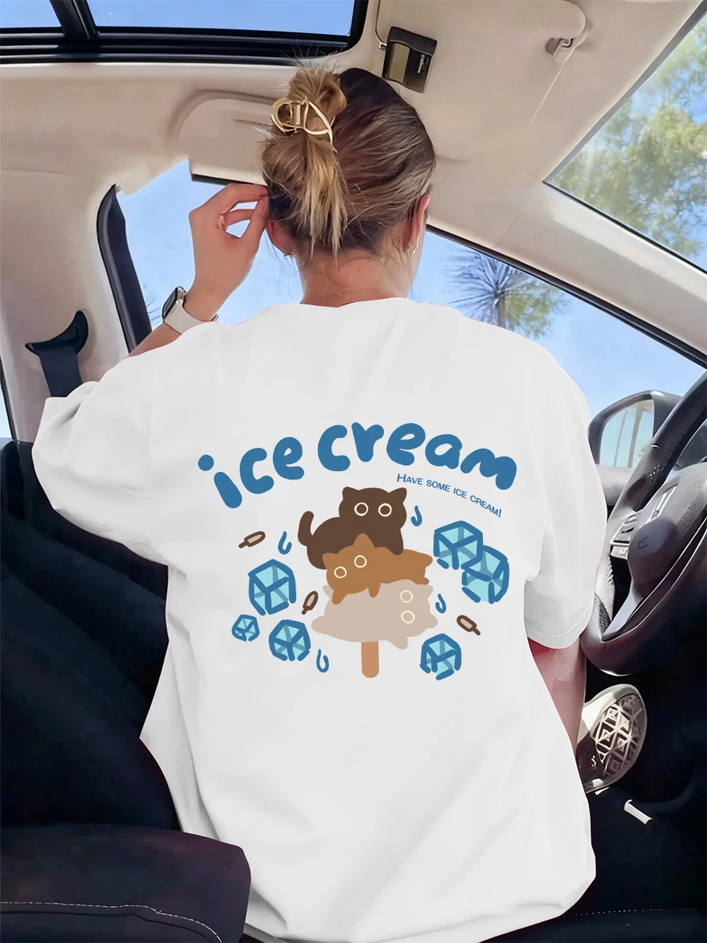 

Футболка с принтом кота и мороженого, женские летние футболки с круглым вырезом и короткими рукавами, универсальные свободные топы, повседневная мягкая женская одежда