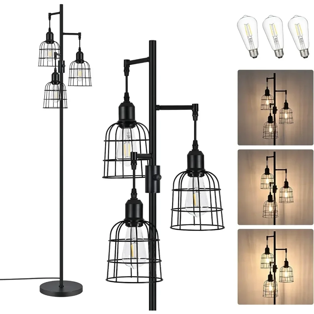 

Dimmable Floor Lamp, 3 LED Edison Bulbs Included, Industrial Tree Standing Lamp for Living Room, 3 Metal Birdcage Lampshade