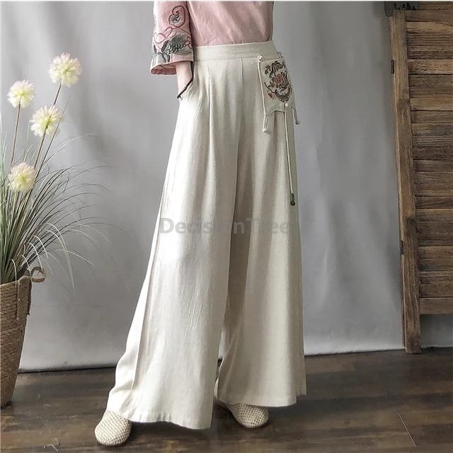 2025 النمط الصيني العرقي خمر القطن الكتان السراويل لذيذ مطرزة مرونة عالية الخصر السراويل لون نقي بناطيل كاجوال #2