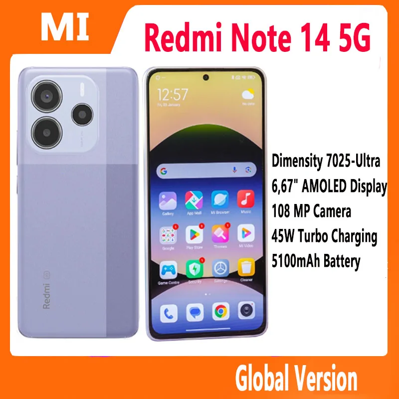 Redmi Note 14 5G Xiaomi Global Version MediaTek Dimensity 7025 Ultra 108MP Camera 45W Turbo Charging 5110mAh Battery Smartphone