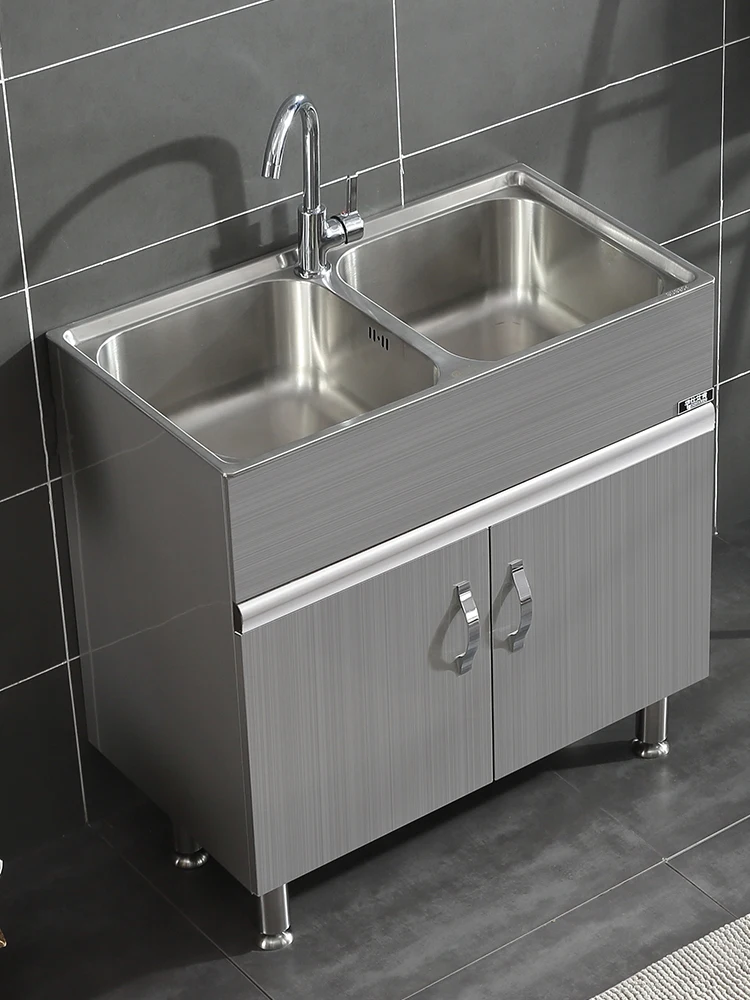 Stainless steel sink cabinet, double slot kitchen balcony cabinet