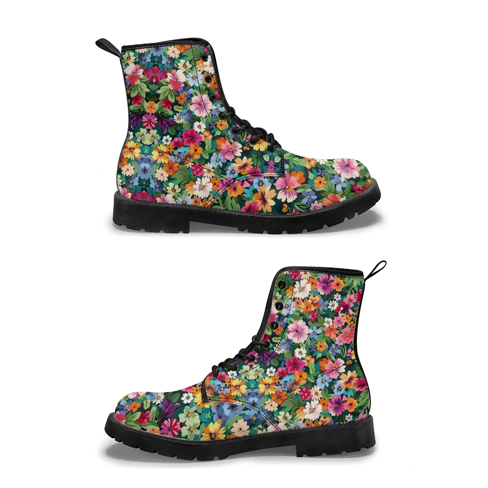 

Bohemian style colorful floral print black mid-calf boots, casual and stylish street-style boots for men and women.