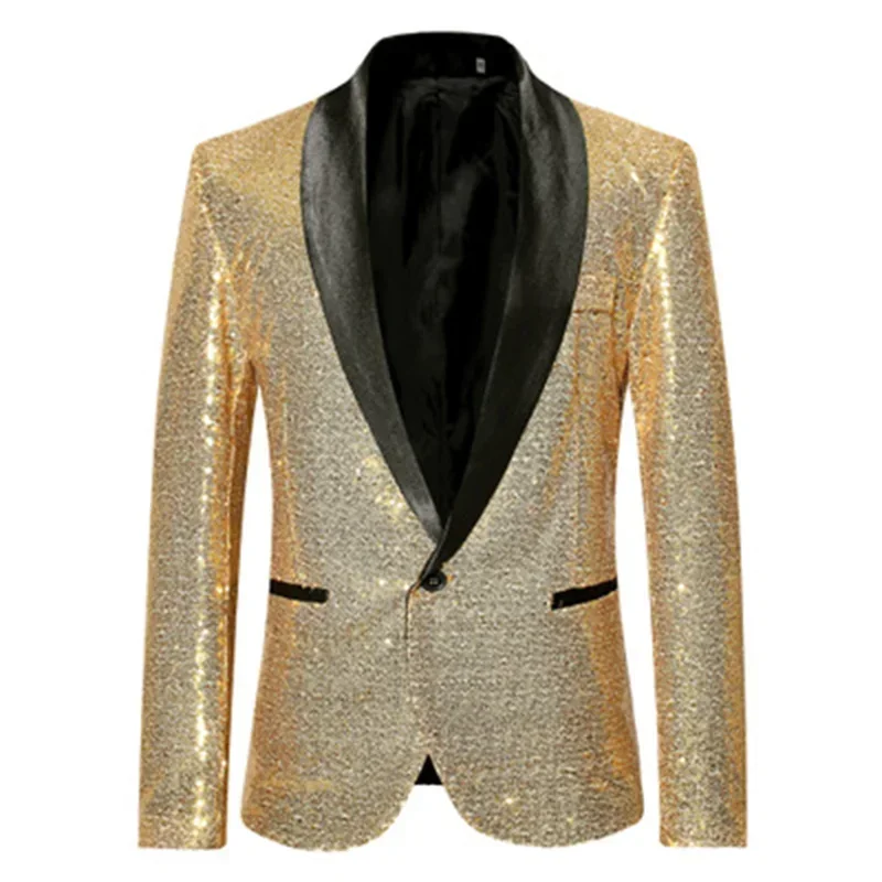 Shiny Gold Sequin Bling Glitter Suits&Blazer Men 2021 New Shawl Collar Club DJ Mens Blazer Jacket Stage Clothers for Singers XXL