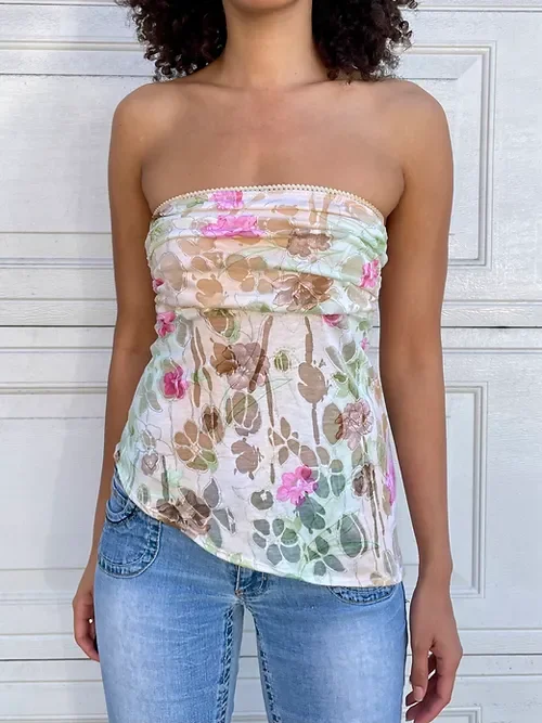 

New Fashion Women Tube Top Strapless Backless Vest Flower Print Summer Ladies Clubwear For Party Hot Sale S M L