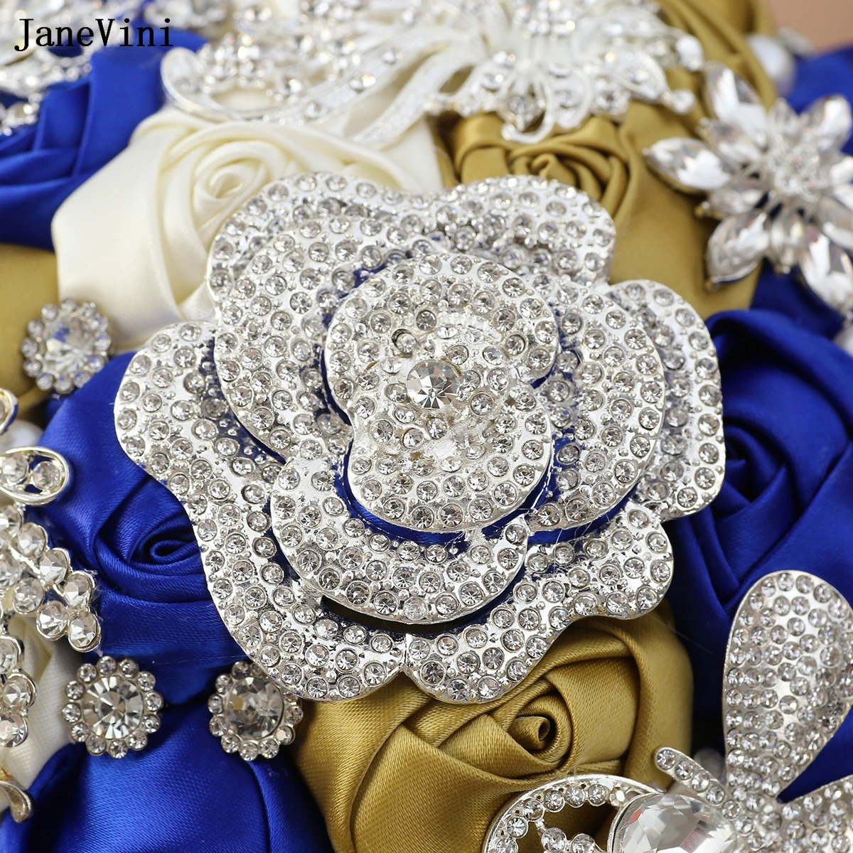 JaneVini Bling Bling Silver Diamond Royal Blue Bridal Bouquets ประดิษฐ์ซาตินกุหลาบดอกไม้งานแต่งงานเข็มกลัดช่อดอกไม้สําหรับเจ้าสาว