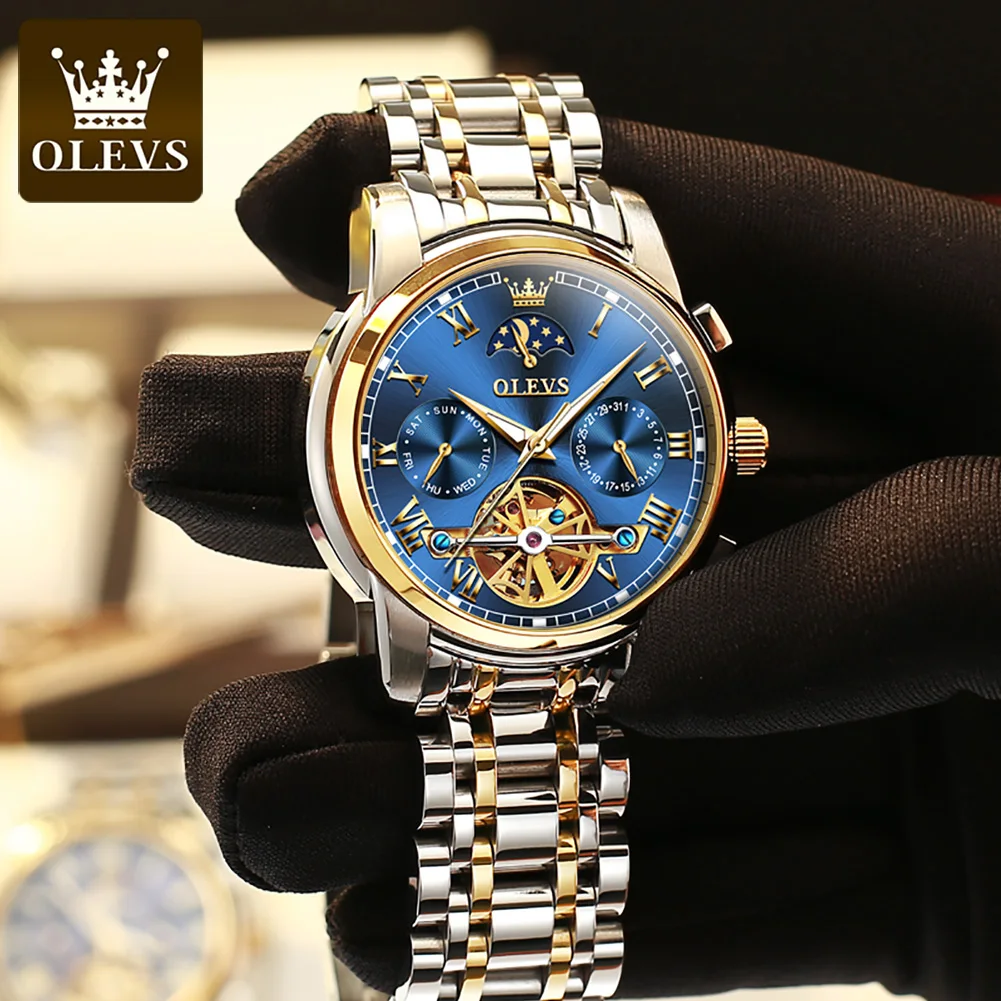 OLEVS 6617 Original Men Watch Luxury Skeleton Hollow Flywheel Automatic Watch for Men Calendar Waterproof Moon Phase Wristwatch