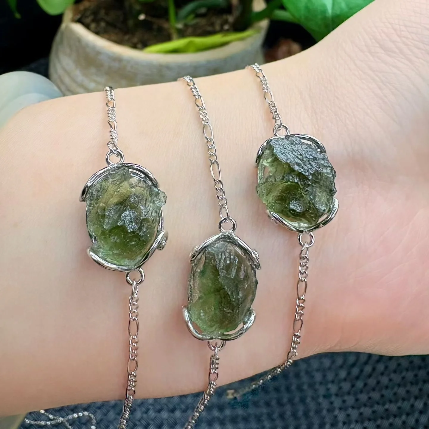 1 Pc Fengbaowu Natural Raw Rough Moldavite Bracelet 925 Sterling Silver Irregular Reiki Healing Stone Jewelry Gift Women
