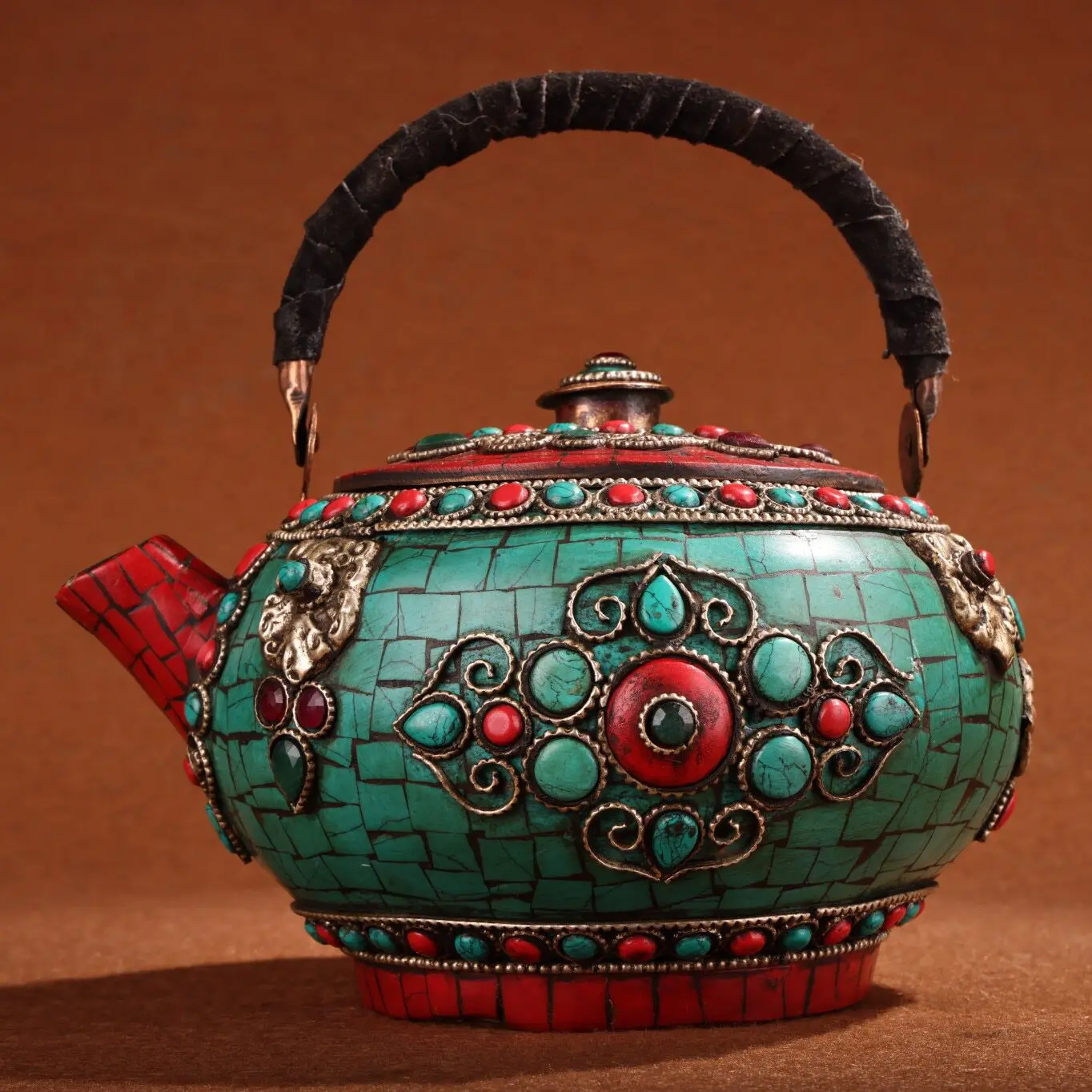 Nepal Pure Copper Handmade Gem Inlaid Butter Tea Pot Wine Pot Collectible Home Decor
