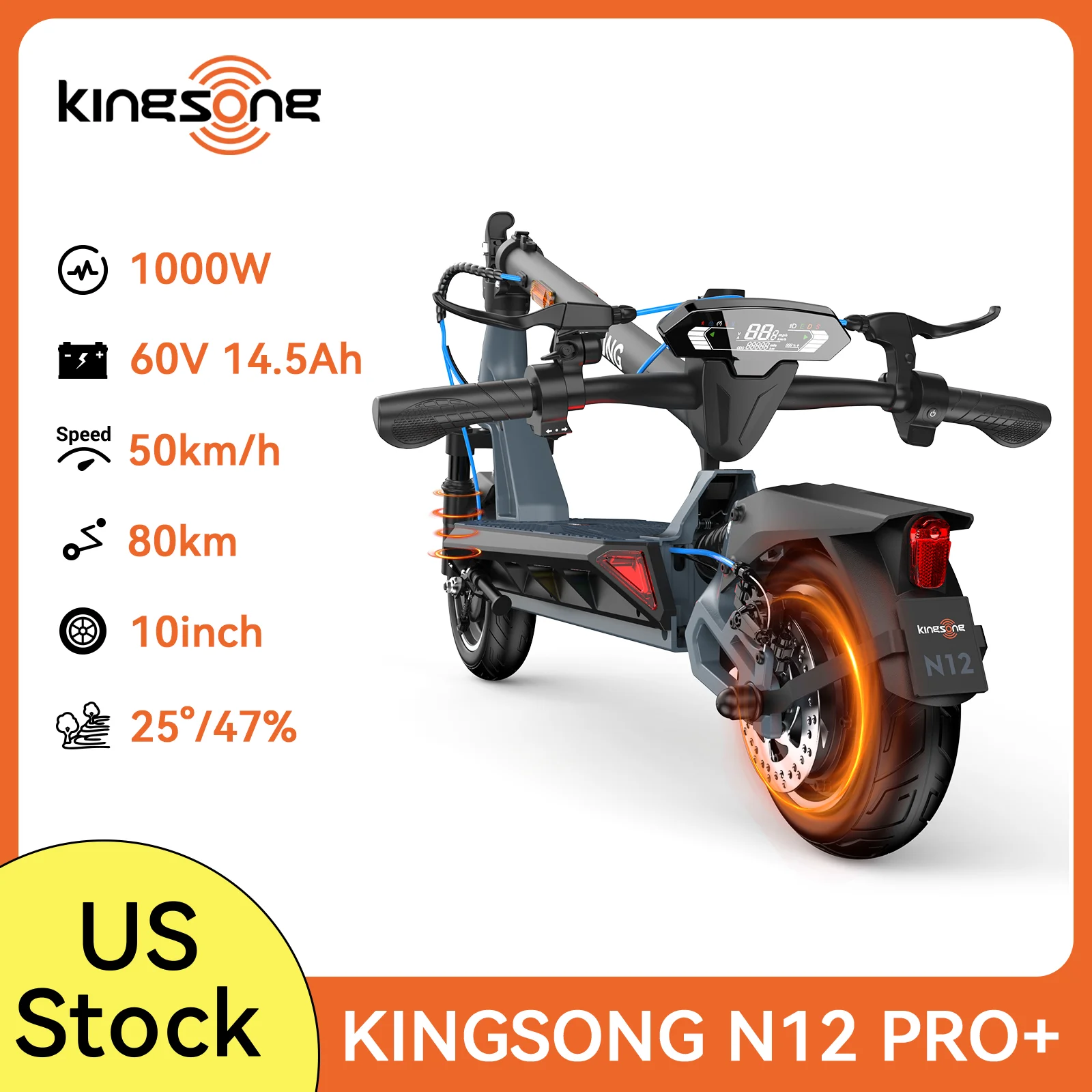 

KINGSONG N12 Pro: 50-Mile Range Electric Scooter with Dual Suspension & Triple Brakes. 10" Pneumatic Tires, Foldable Commuter