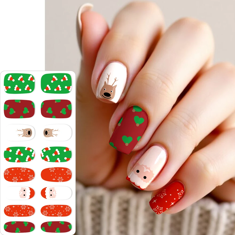 16 punte colorate cartoni animati natalizi adesivi per nail art carino copertura completa stampa sulla decorazione delle unghie adesivo decalcomania per unghie involucri per unghie di Natale