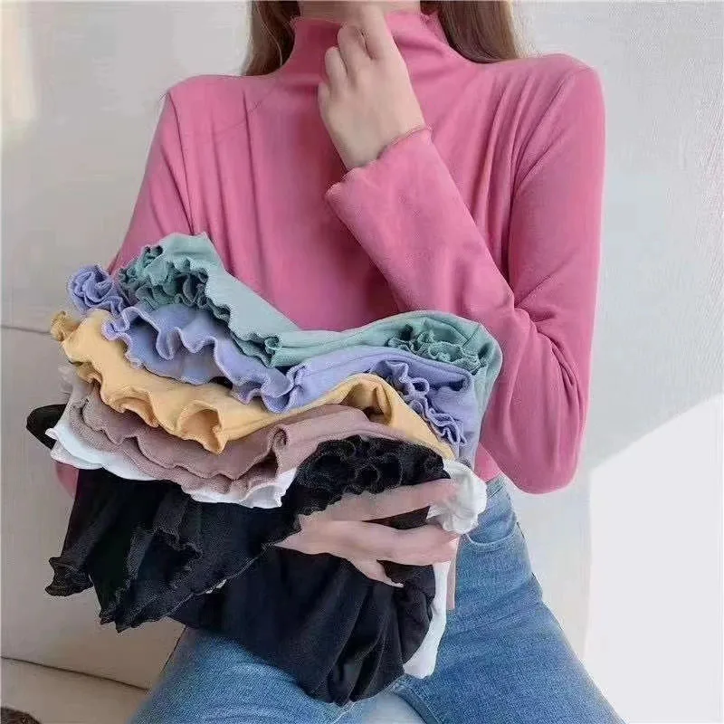 Women Ruffles Bottoming Shirts Autumn Winter Half-high Collar Long Sleeve T Shirt Female Solid Simple Soft Basic Pullover Tops