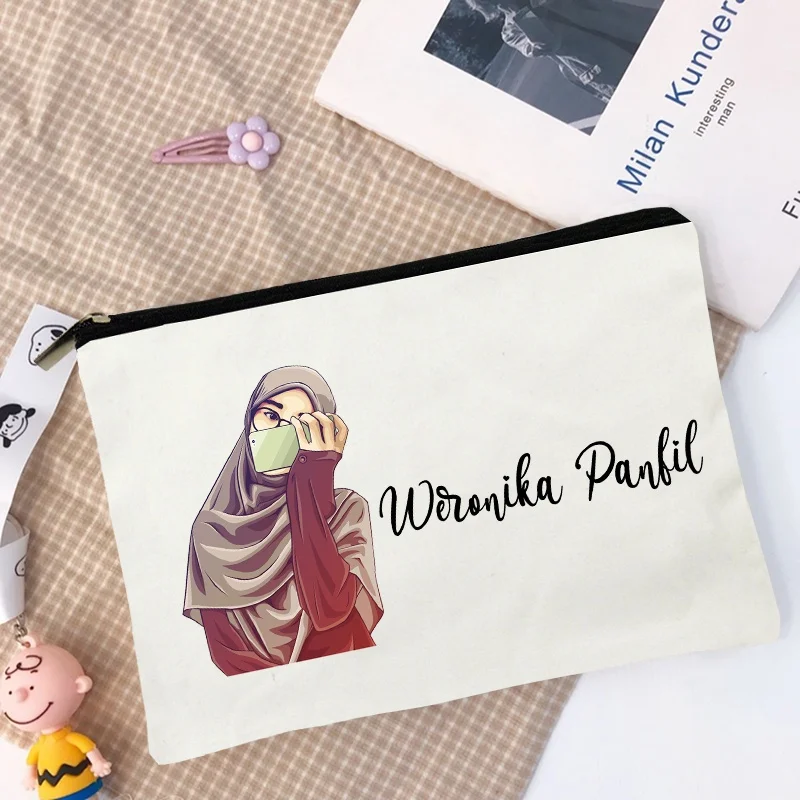 Personalised Hijabi Girl Makeup Bag Organised Pouch with Name Ramadan Gifts Customized Zipper Pouches Cosmetic Bags Eid Gifts