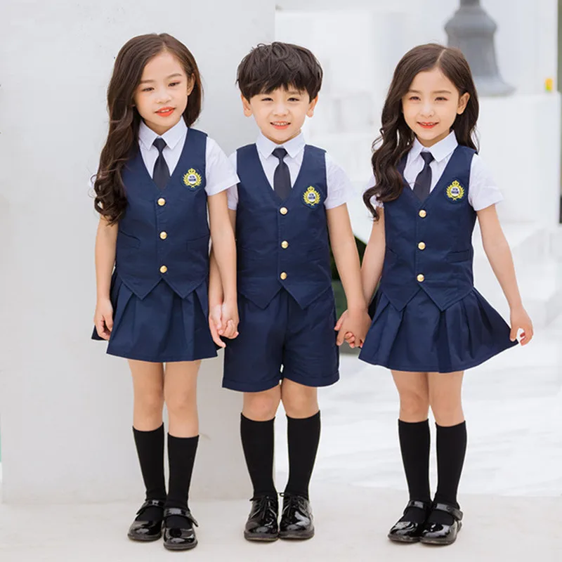 Abiti da scuola blu Navy per ragazze bambini estate scuola materna uniforme della scuola primaria per ragazzi gilet camicia pantaloncini 5 pezzi Set vestiti