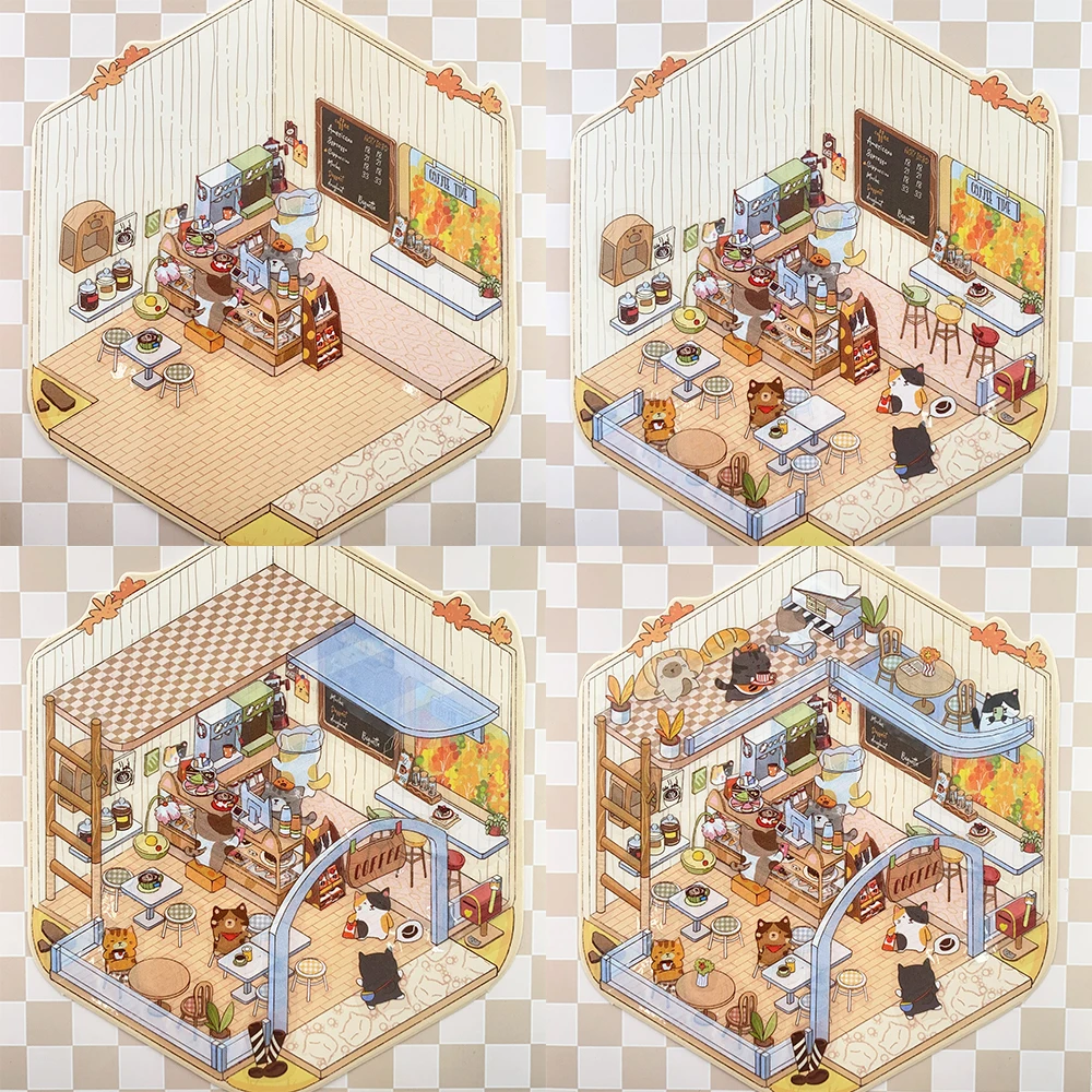 Cartoon Cat Cafe Miniature Scene 3D Landscaping Stickers DIY Scene Stacking and Pasting Hand Account Students Creative Gifts