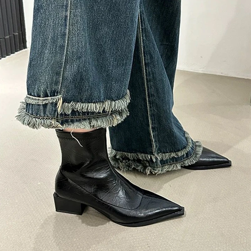 Sexy Pointed Toe Ankle Chelsea Boots Mid Heels Women Chunky Shoes 2024 Fashion Luxury Pumps Dress Shoes Trend Female Zapatos