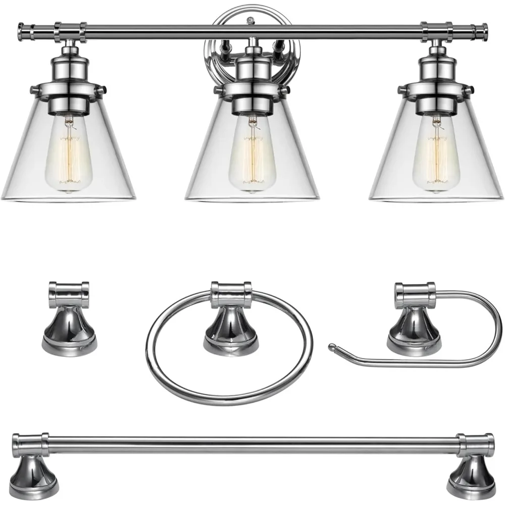 

Electric 51234 5-Piece All-in-One Bathroom Accessory Set, with Vanity, Chrome, 3-Light Vanity Light, Clear Glass Shades