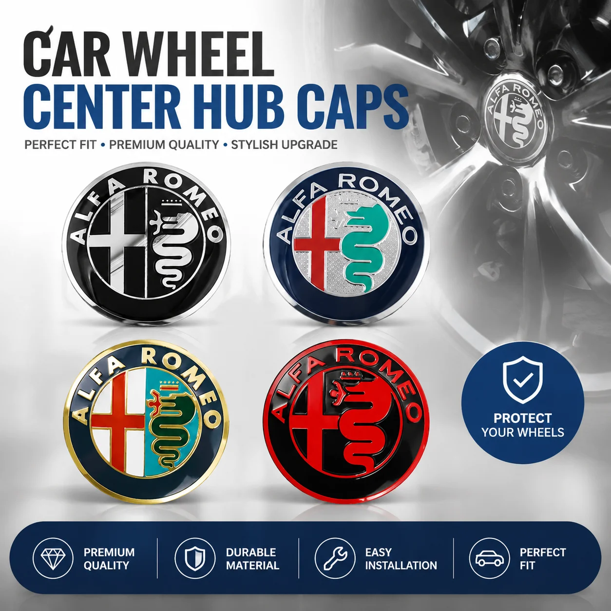 4Pcs Car Emblem Wheel Hub Center Cap Stickers Rim Badge Cover For Alfa Romeo 159 156 Spider Giulia Giulietta Tonale Mito Stelvio