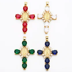 OCESRIO Large Multicolor Crystal Cross Pendant for Necklace Copper Gold Plated Virgin Mary Jewelry Making Component pdtb070