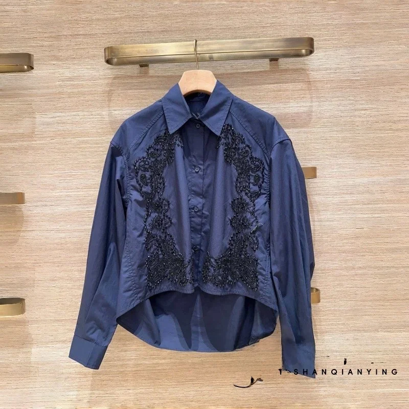 

Spring 2026 Women's Cotton irt with Sequin Decorations And Arc-aped Hemline Straight Cut Long Sve Button up