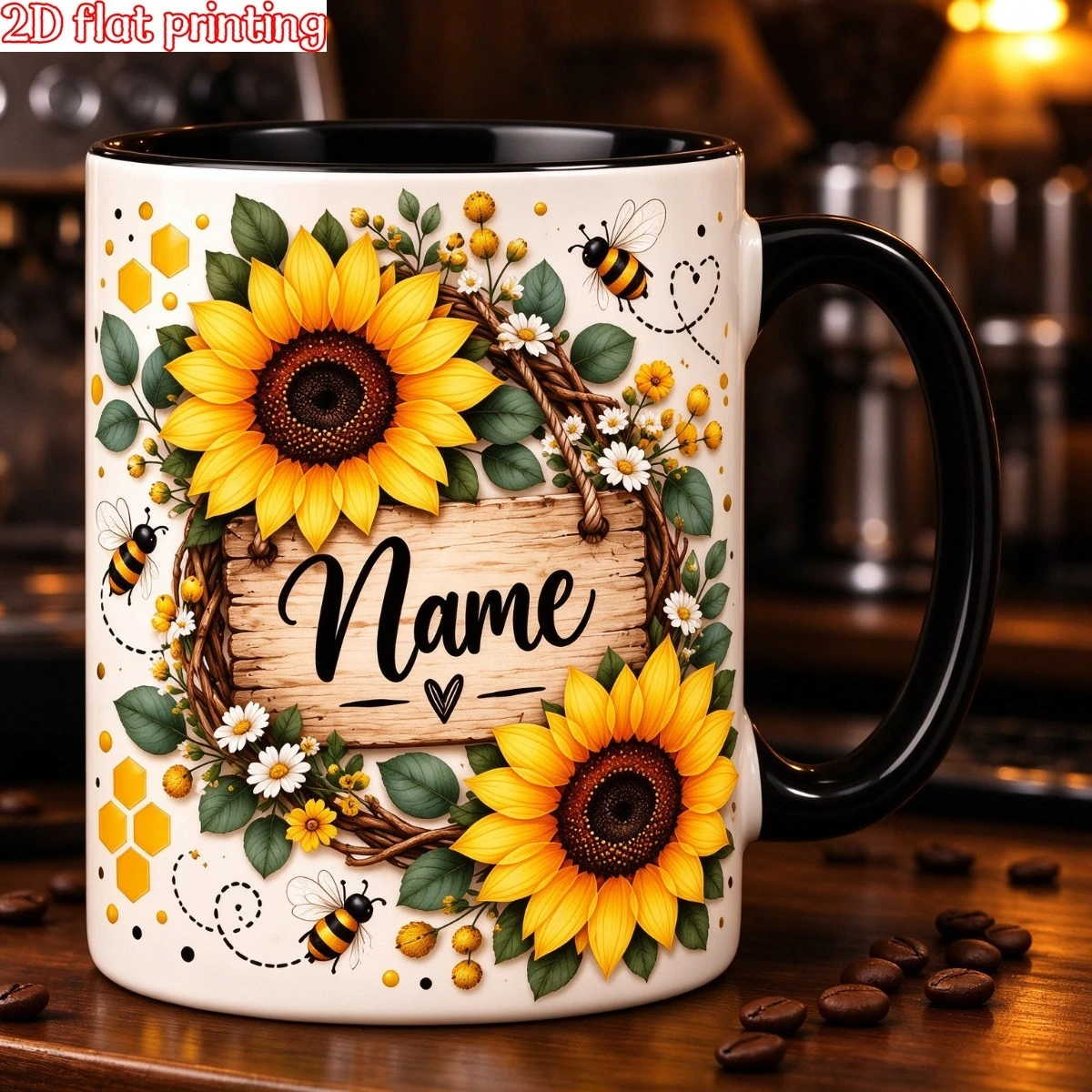 2D flat printing 1pc 11oz personalized custom sunflower bee mug, for birthday daily gift, home office use, hand wash only