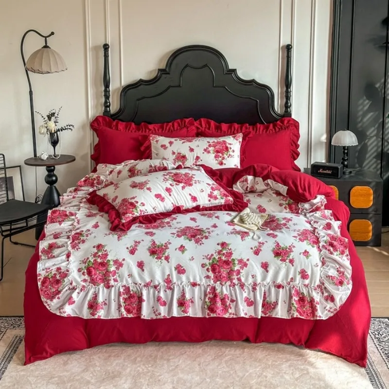 Imitation cotton wrinkled yarn double-layer yarn kapok washable festive romantic big red sheet bed skirt four-piece set