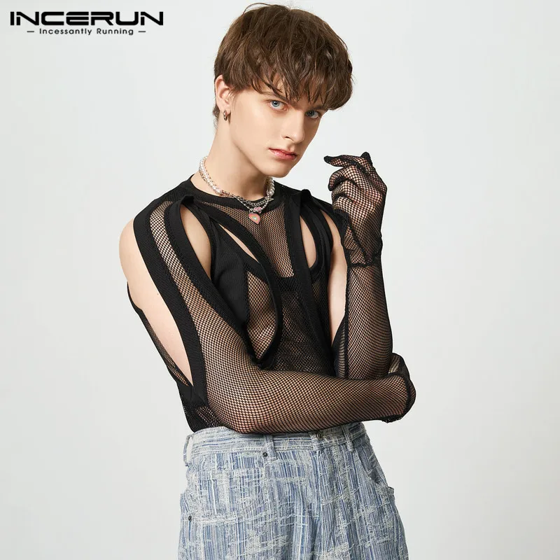 2024 Men Bodysuits Mesh Patchwork Transparent Sexy O-neck Long Sleeve Gloves Rompers Men Hollow Out Irregular Bodysuit INCERUN