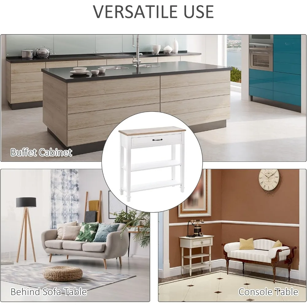 Modern Style Sofa Console Entry Hallway Table with Drawer and Shelves, Sturdy Build, and Large Storage, White