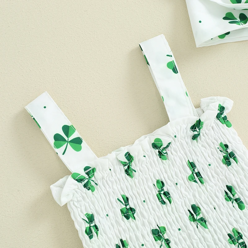 Stylish Baby Girls Green Shamrock Print Romper Dress with Matching Headband for a Lucky Irish Look