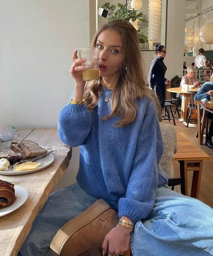 

New Lazy Style Solid Round Neck Knitted Sweater Pullover Winter Clothes Women Casual