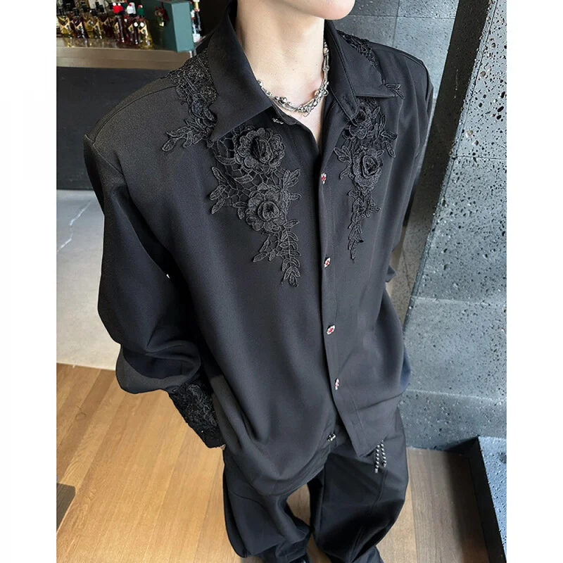 QICHE 2026 Unisex Long Sleeve Blouse Dark Lace Crochet Splicing Niche Luxury Loose Shirt With Rose Gem Buttons
