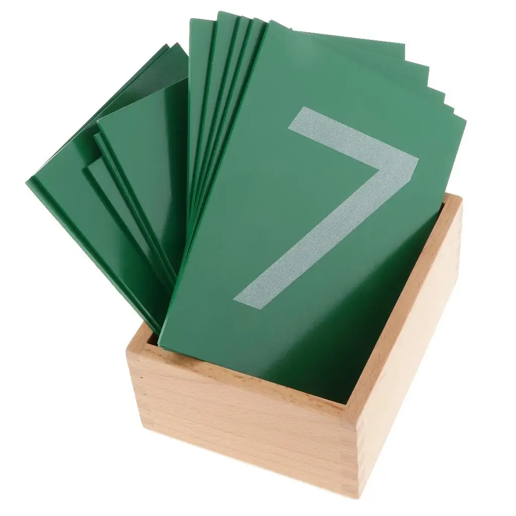 Montessori: Carta con numeri in scatola di legno (verde) da carta vetrata, bambini