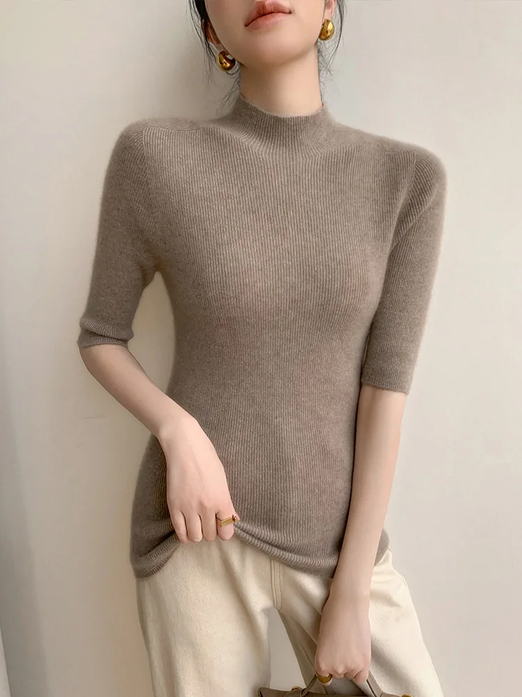 Slim Fit f Cuello alto ort Sve Base de punto irt Camiseta Bla para mujer Five Sve Top ajustado Commute Sle Coreano Ve...