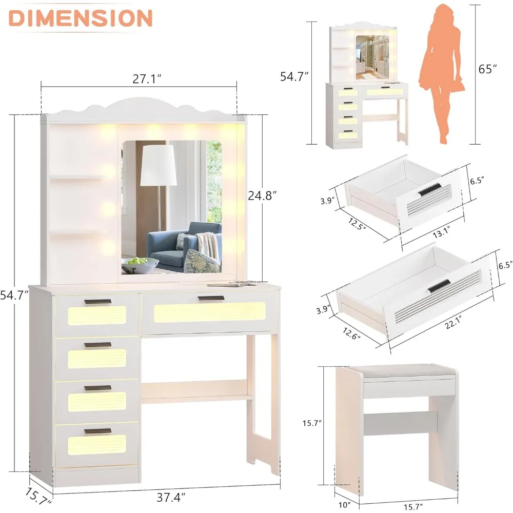 Vanity Desk with Mirror and Lights, Vanity Dressing Table with 5 Drawers and Cushioned Stool, Makeup Vanity Set