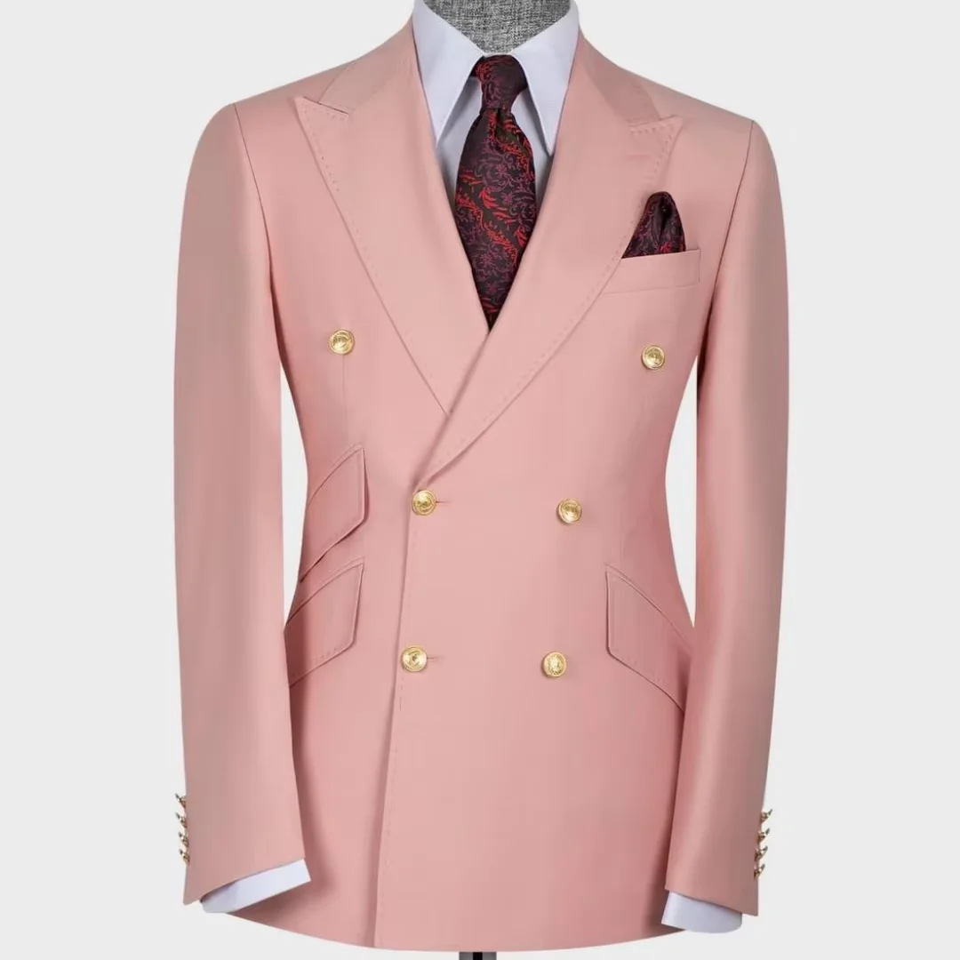 Elegant Men's Suit Blazer Double Breasted Slim Fit Peak Lapel With Gold Buttons Multi Pocket Formal  Jacket For Wedding Groom
