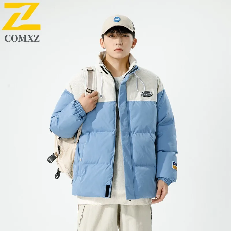 

COMXZ 2025 Men Youth Couple Color Block Stand Collar Down Jacket Winter Thick Warm Trendy Casual Sporty Loose Fit Padded Coat