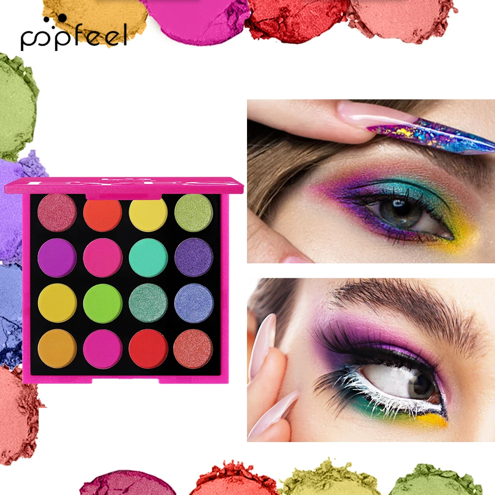 POPFEEL 16색 아이섀도우 팔레트 – 생동감 넘치는 무대 메이크업을 위한 흙빛 톤과 무지개빛 쉐이드의 매트, 쉬머 & 글리터 쉐이드